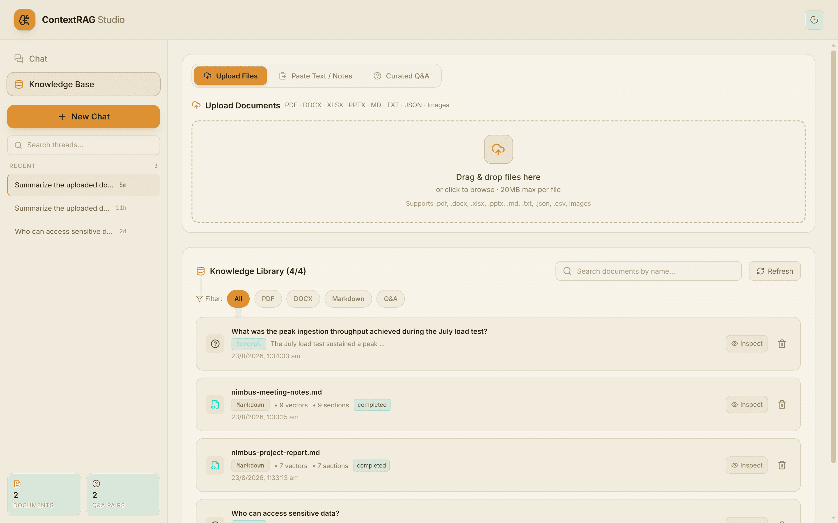 ContextRAG knowledge base view with file ingestion queue